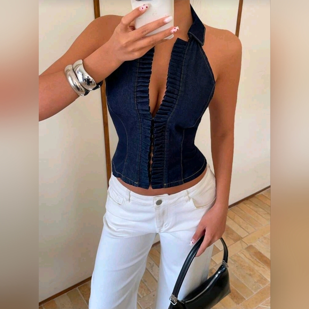 Dark Blue Denim Halter Ruffle Front Top - Picture 3 of 8